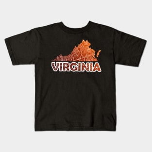 Colorful mandala art map of Virginia with text in brown and orange Kids T-Shirt